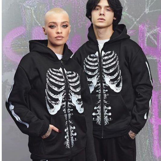 Dark Style Skull Print Zip-Up Cardigan Sweater