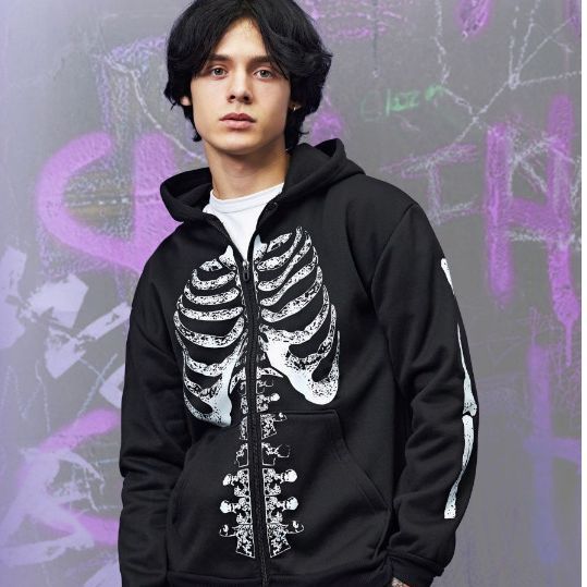 Dark Style Skull Print Zip-Up Cardigan Sweater