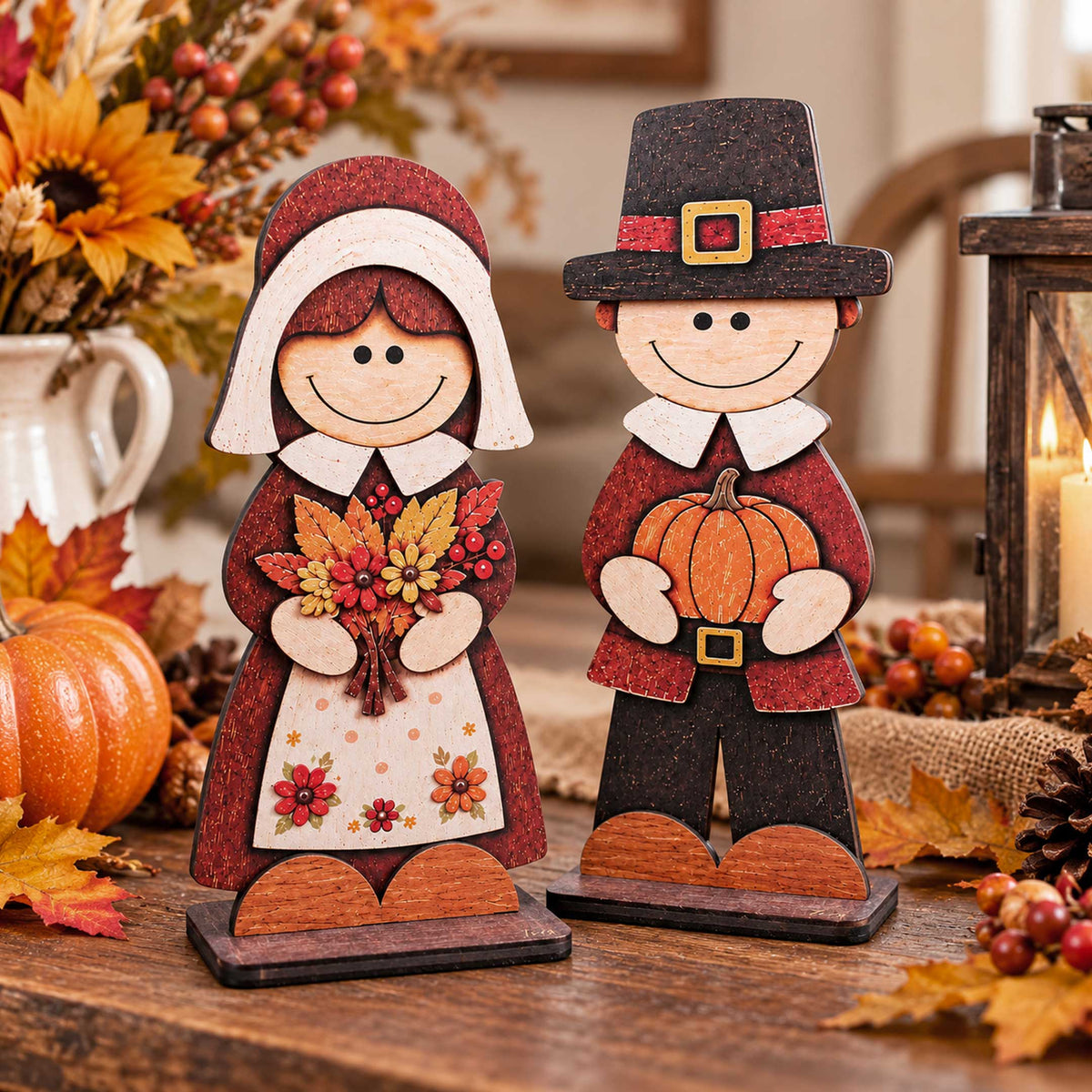 Thanksgiving Pilgrim Couple and Turkey Wooden Tabletop Decoration Set of 3 – Harvest Fall Décor by G. DeBrekht