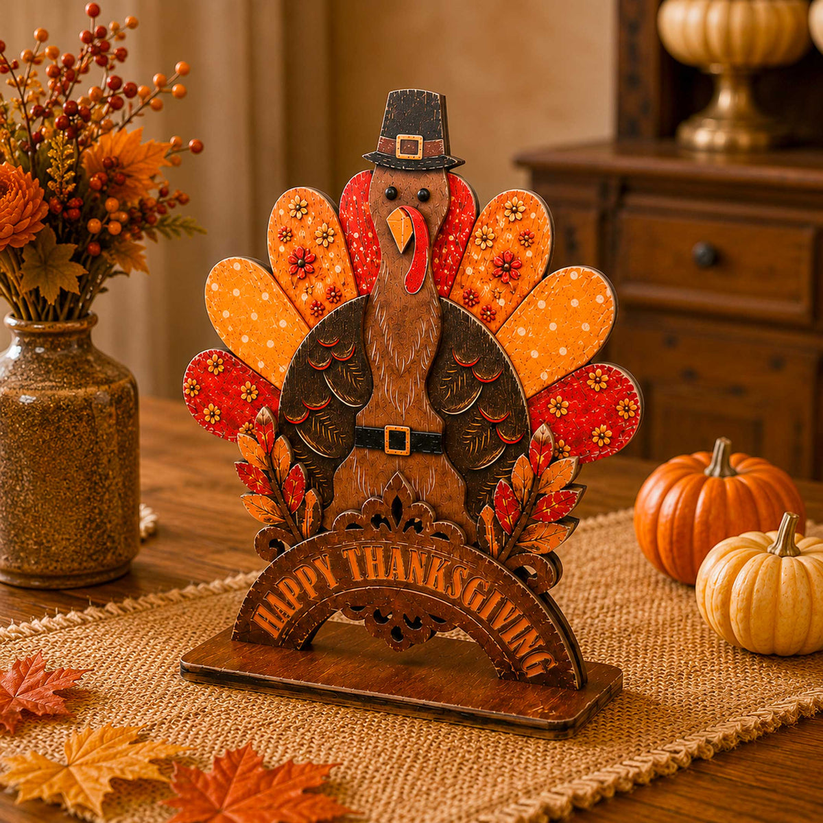Thanksgiving Pilgrim Couple and Turkey Wooden Tabletop Decoration Set of 3 – Harvest Fall Décor by G. DeBrekht