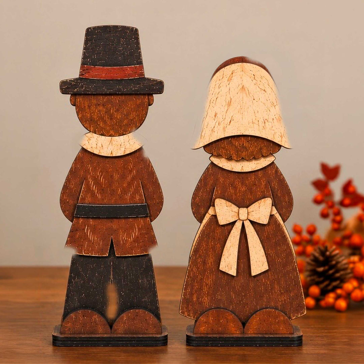Thanksgiving Pilgrim Couple and Turkey Wooden Tabletop Decoration Set of 3 – Harvest Fall Décor by G. DeBrekht