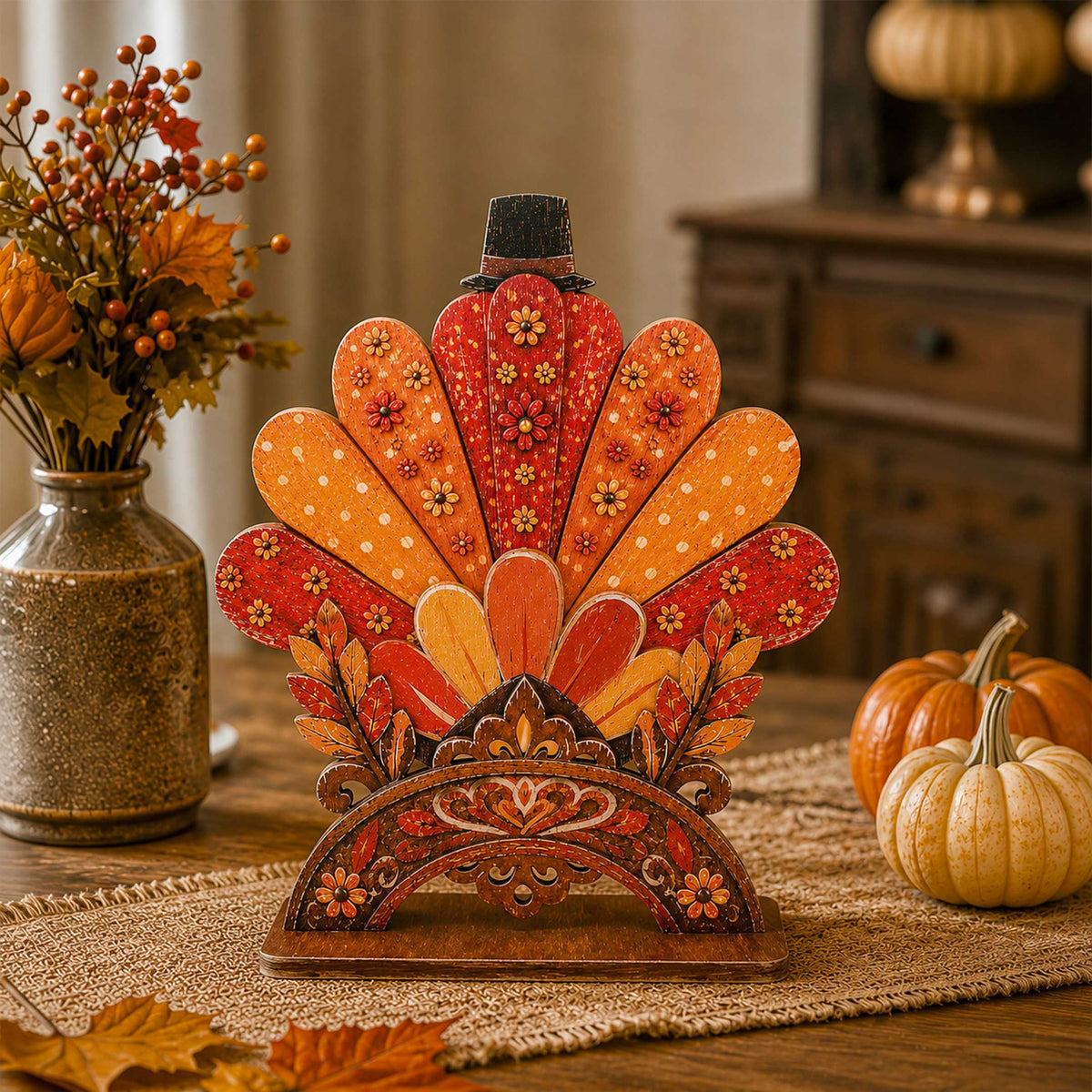 Thanksgiving Pilgrim Couple and Turkey Wooden Tabletop Decoration Set of 3 – Harvest Fall Décor by G. DeBrekht