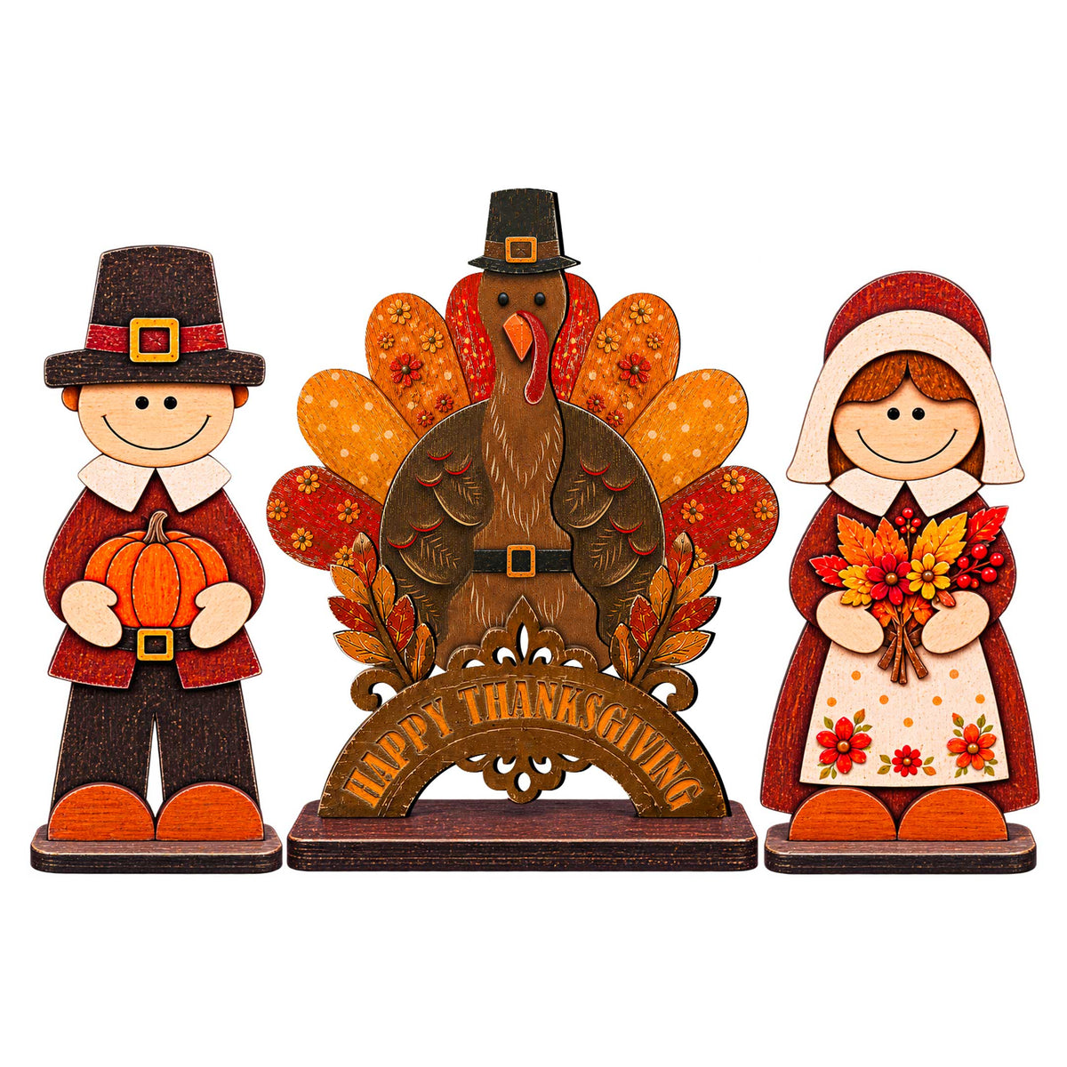 Thanksgiving Pilgrim Couple and Turkey Wooden Tabletop Decoration Set of 3 – Harvest Fall Décor by G. DeBrekht