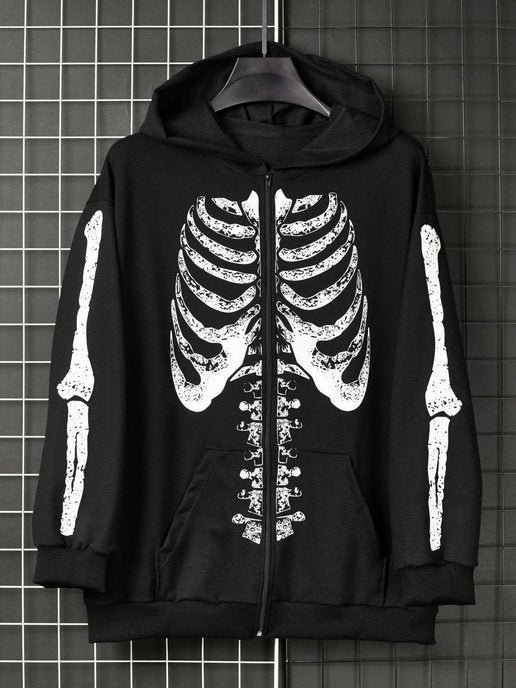 Dark Style Skull Print Zip-Up Cardigan Sweater