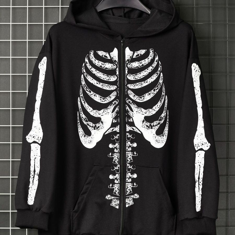 Dark Style Skull Print Zip-Up Cardigan Sweater