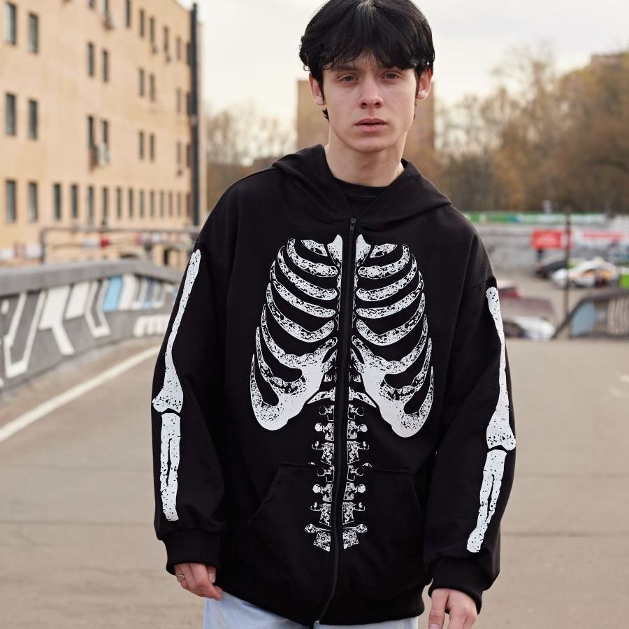 Dark Style Skull Print Zip-Up Cardigan Sweater