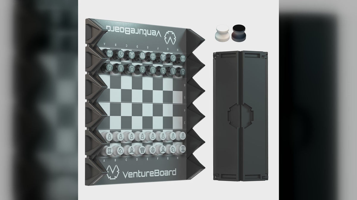 A Mini Chess Noir magnetic travel chess set on a studio surface