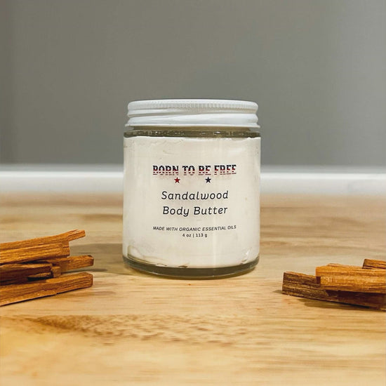 Sandalwood Body Butter jar and whipped texture