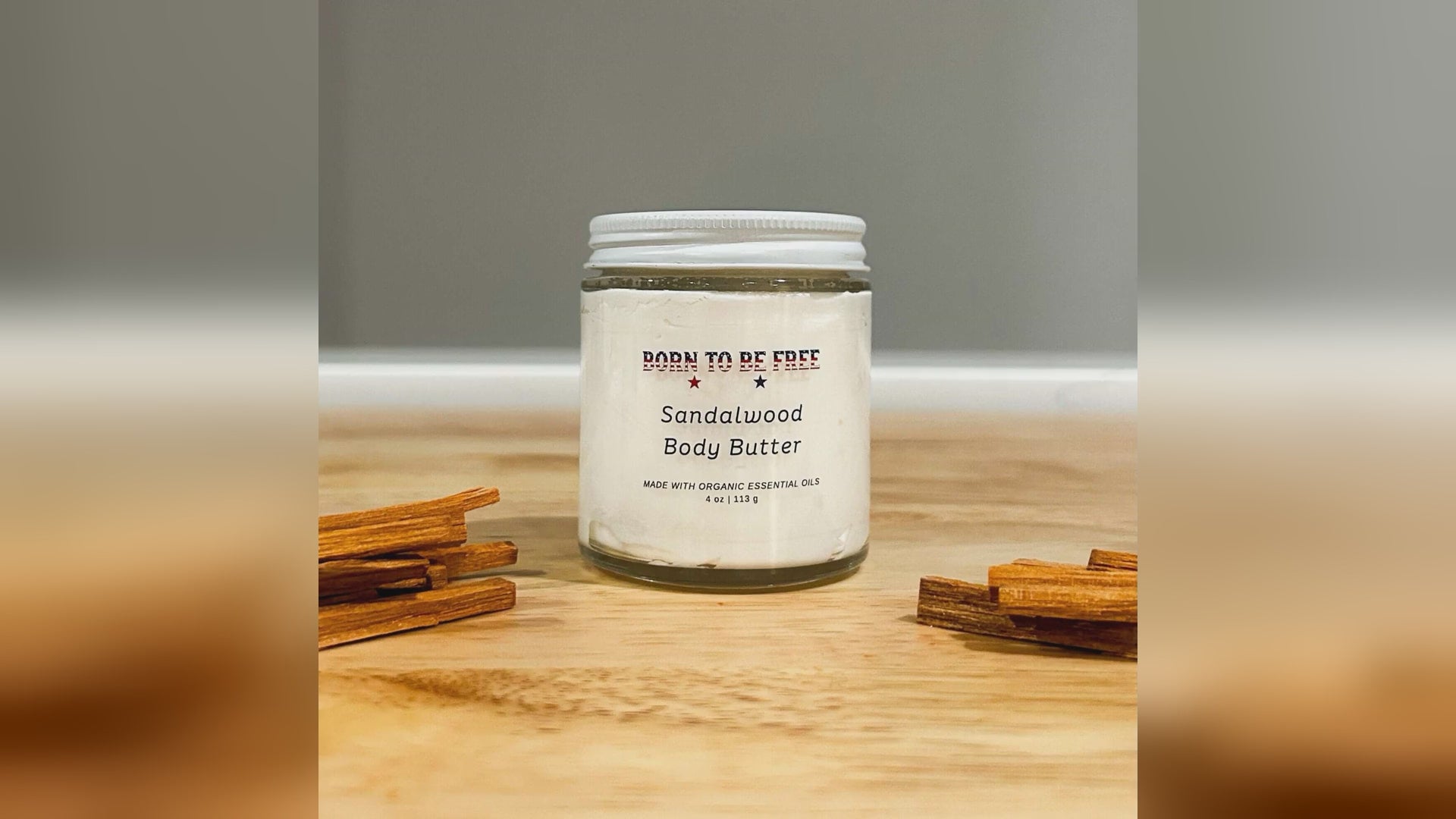 Sandalwood Body Butter jar and whipped texture