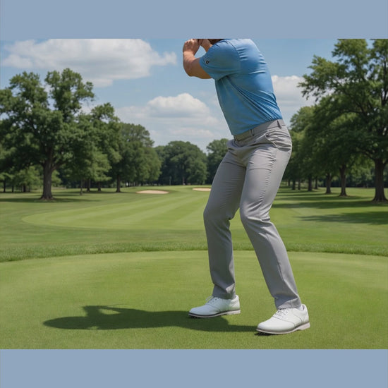 A person swings a DriVR Elite weighted golf handle attached to a VR headset