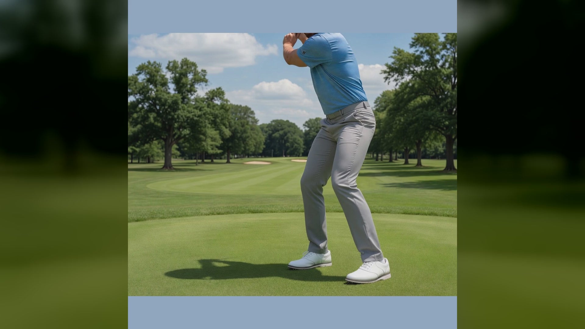 A person swings a DriVR Elite weighted golf handle attached to a VR headset