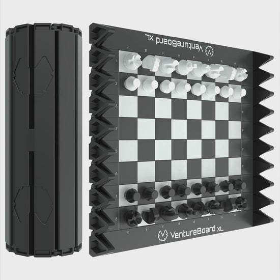 VentureBoard XL magnetic roll-up chess set, open and rolled up with pieces in place