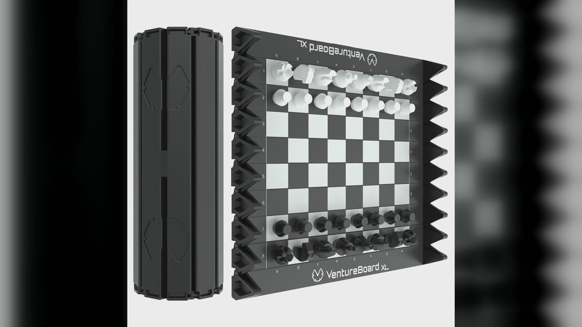 VentureBoard XL magnetic roll-up chess set, open and rolled up with pieces in place