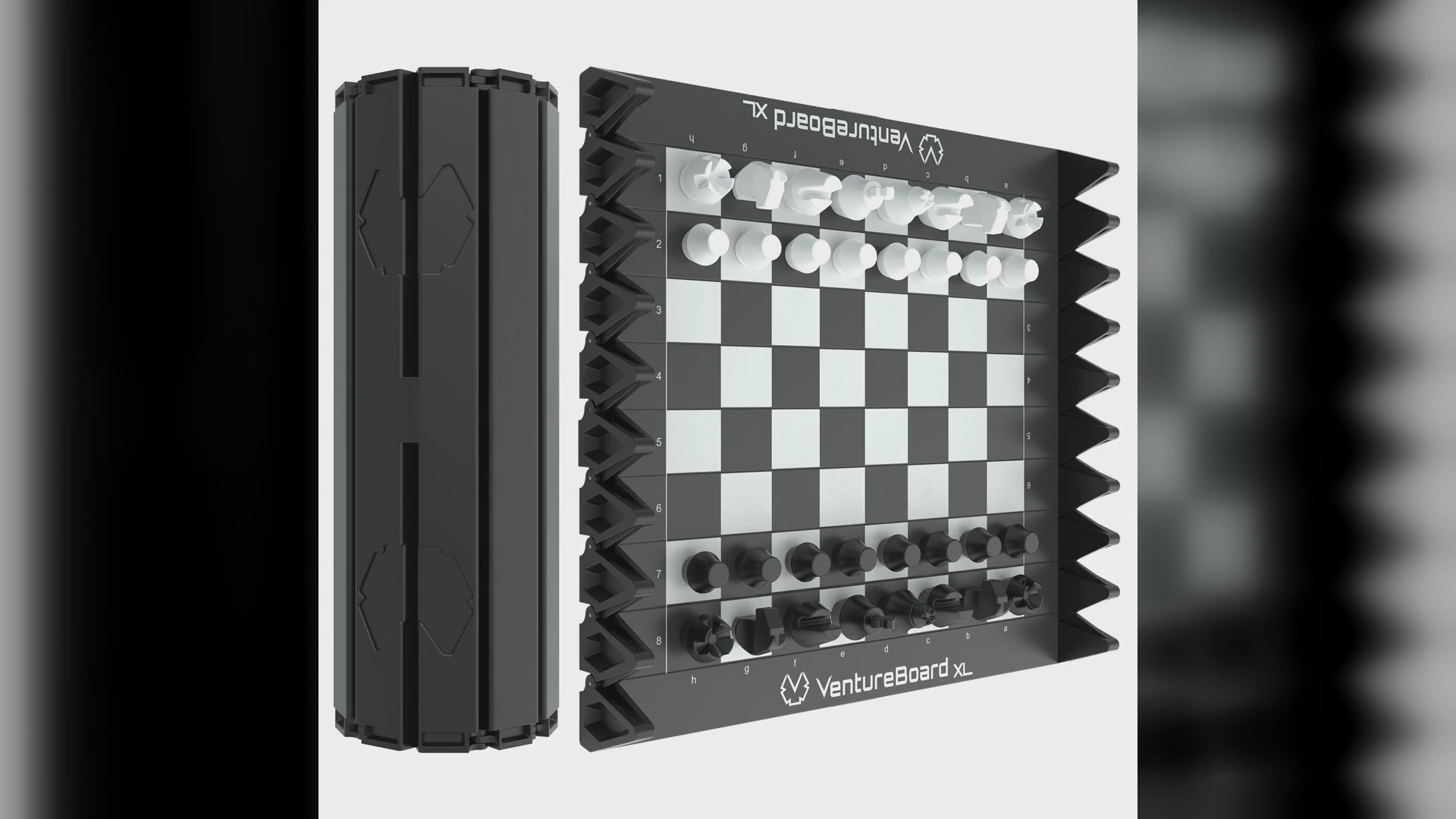 VentureBoard XL magnetic roll-up chess set, open and rolled up with pieces in place