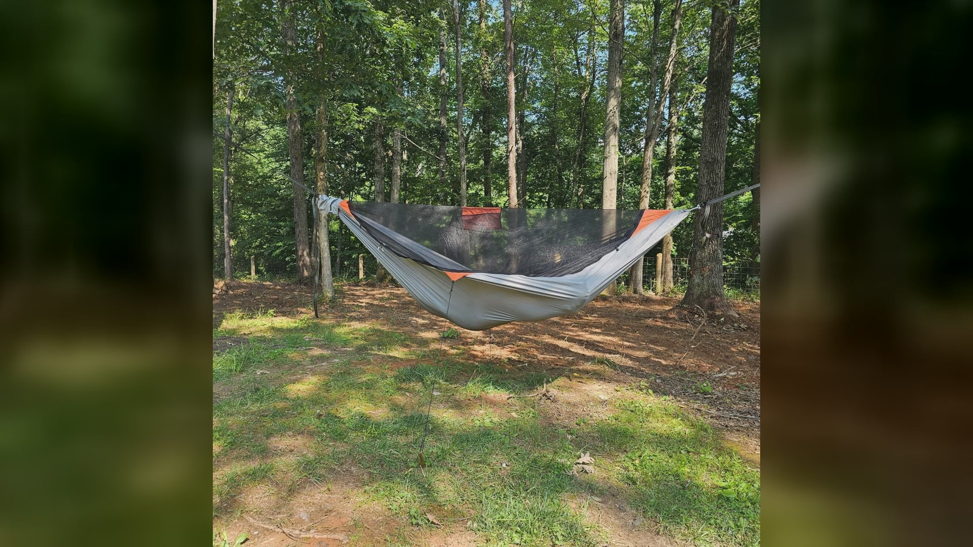A REM camping hammock with bug net hung between trees