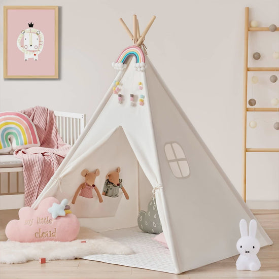 Tiny Land canvas teepee tent for kids with padded mat, shown indoors and outdoors