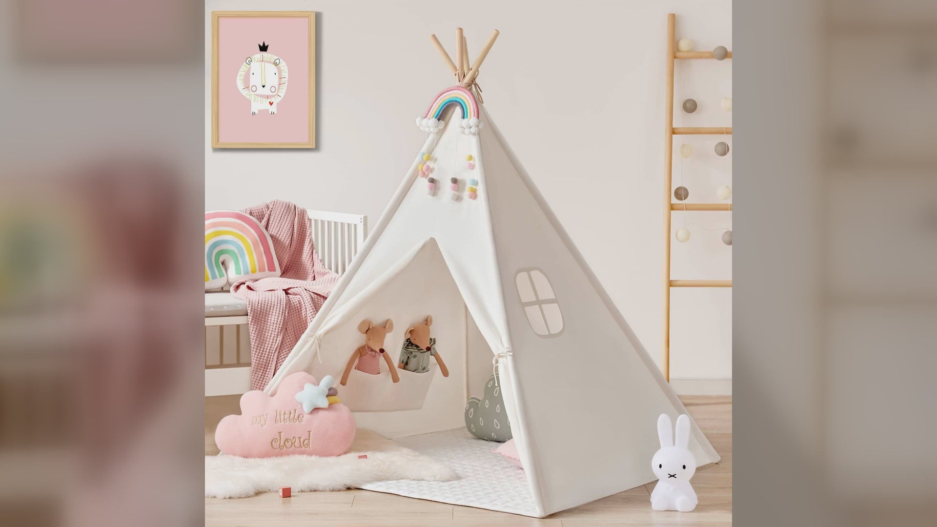 Tiny Land canvas teepee tent for kids with padded mat, shown indoors and outdoors