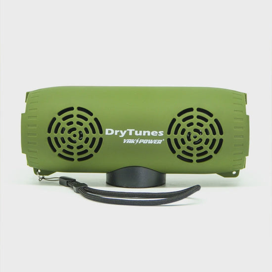 A Yak Power DryTunes floating Bluetooth speaker in olive and red