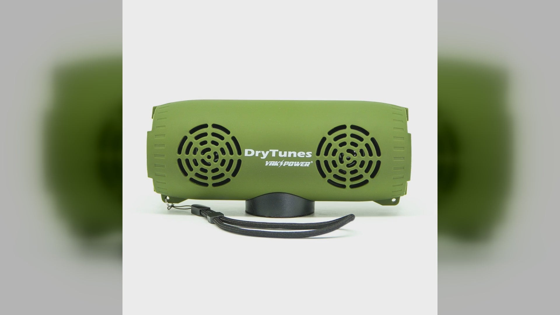 A Yak Power DryTunes floating Bluetooth speaker in olive and red