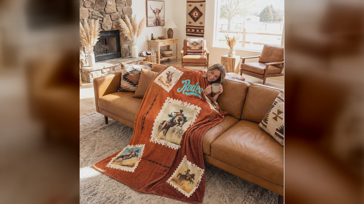 A western Rodeo throw blanket draped over a sofa and armchair