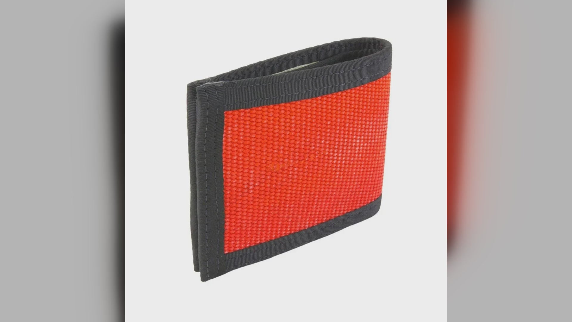 Lieutenant fire hose bifold wallet in Red, Orange, Blue and Green, shown closed and open