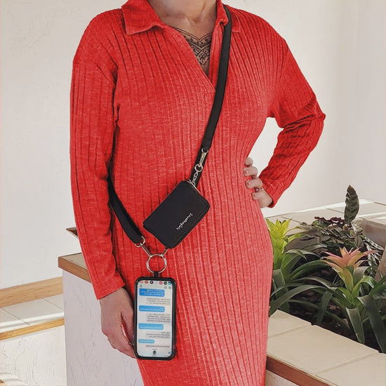 Clip & Go Strap in brushed vegan leather, worn crossbody and as a wristlet